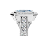 Platinum Fancy Blue Emerald Cut Halo Diamond Split Shank Pave Ring_11