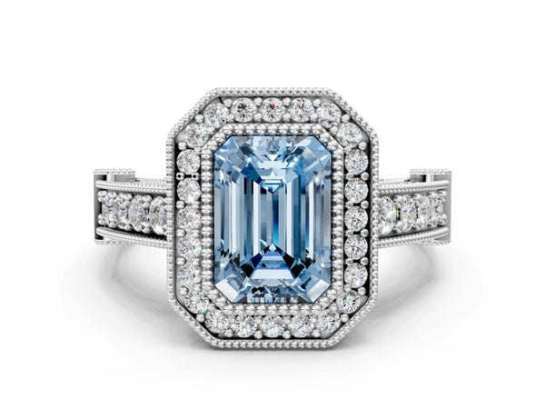 Platinum Emerald Cut Vintage Bezel Halo Engagement Ring Setting for Fancy Blue Center