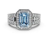 Platinum Fancy Blue Emerald Cut Halo Diamond Split Shank Ring with Prong Setting_30