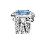 Platinum Fancy Blue Emerald Cut Halo Diamond Split Shank Ring with Prong Setting_35