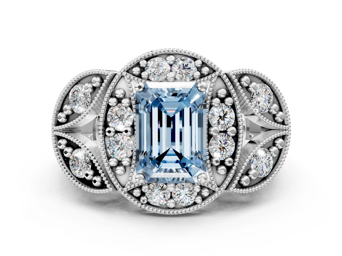 Platinum Fancy Blue Emerald Cut Halo Milgrain Diamond Engagement Ring with Leaf Band and Four-Prong Setting_12