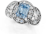 Platinum Fancy Blue Emerald Cut Halo Milgrain Diamond Engagement Ring with Leaf Band and Four-Prong Setting_13