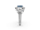 Platinum Fancy Blue Emerald Cut Halo Milgrain Diamond Engagement Ring with Leaf Band and Four-Prong Setting_14
