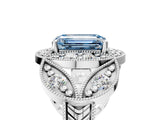 Platinum Fancy Blue Emerald Cut Halo Milgrain Diamond Engagement Ring with Leaf Band and Four-Prong Setting_17