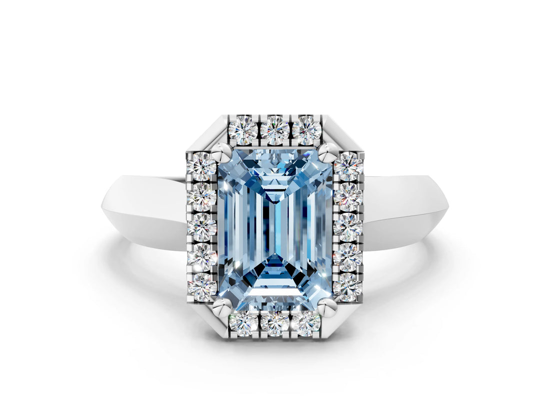 Platinum Fancy Blue Emerald  Cut Halo Solitaire Engagement Ring with Square Band and Four-Prong Setting_12