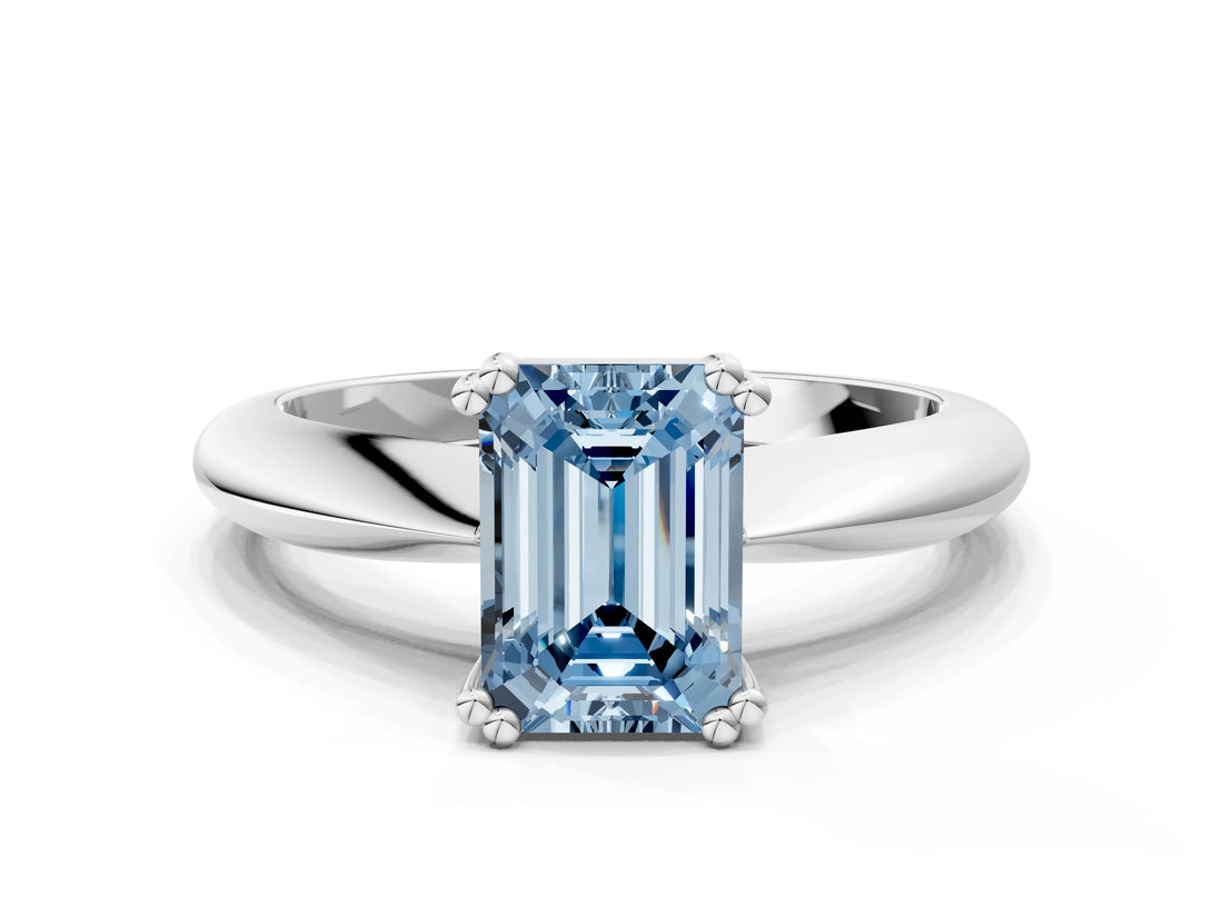 Platinum Fancy Blue Emerald  Cut Solitaire Engagement Ring with Tapered Band and Four-Prong Setting