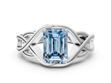 Platinum Fancy Blue Emerald Cut Solitaire Intertwined Band Prong Setting Ring_6
