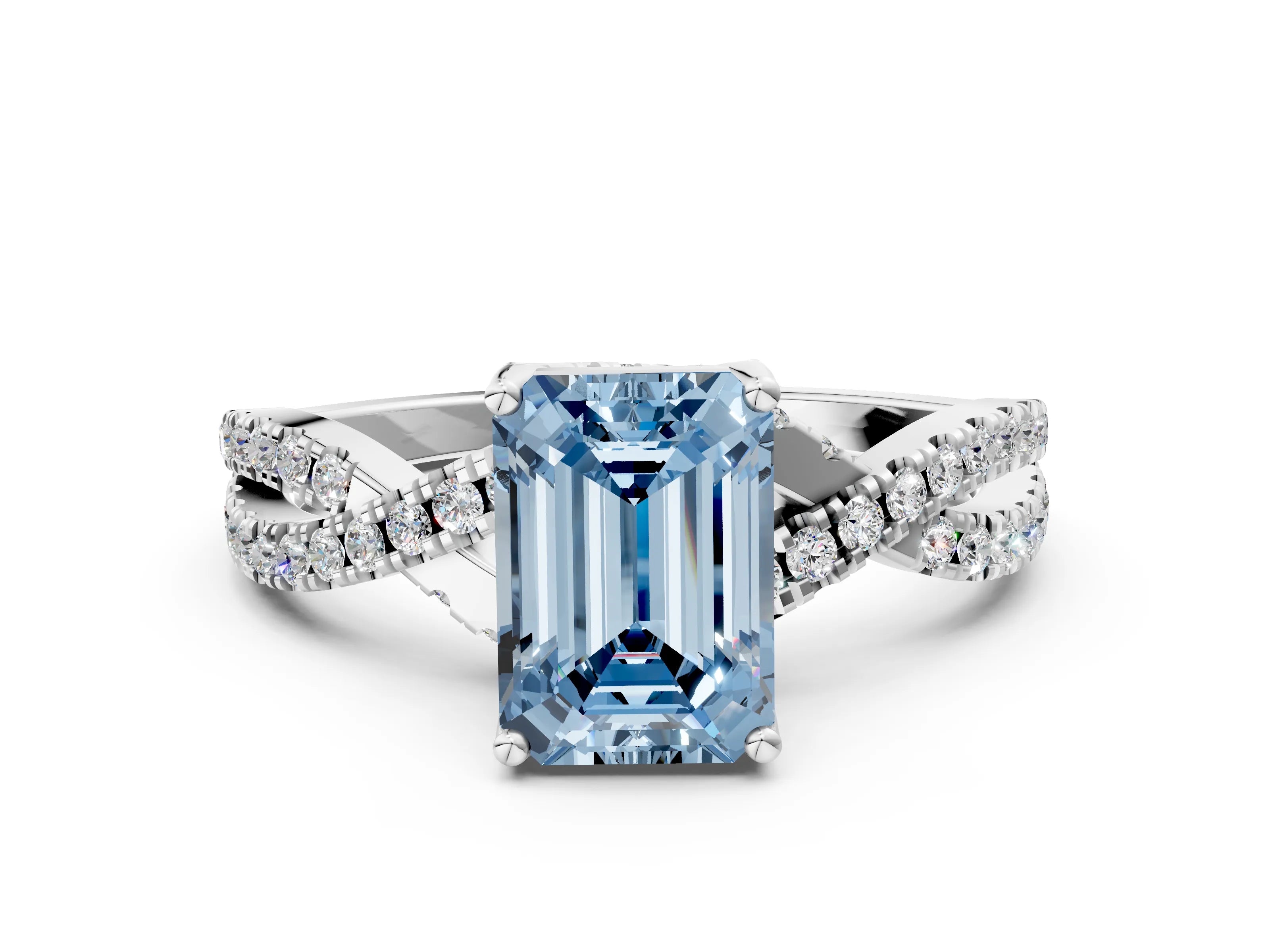 Platinum Fancy Blue Emerald Cut Solitaire Twist Pave Diamond Engagement Ring with Prong Setting_42
