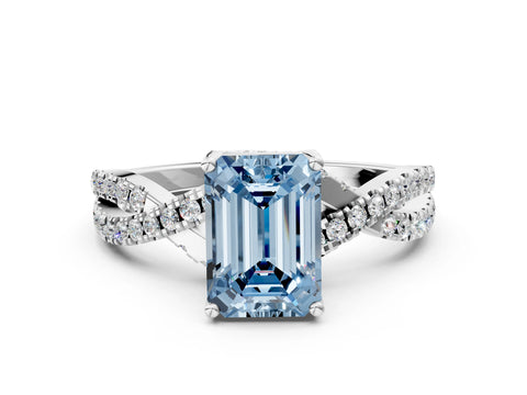 Platinum Fancy Blue Emerald Cut Solitaire Twist Pave Diamond Engagement Ring with Prong Setting_42