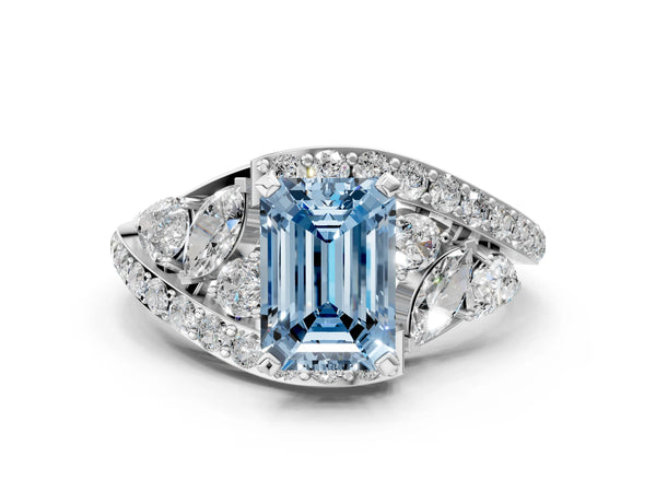 Platinum Fancy Blue Emerald  Diamond Halo Ring with Marquise and Pavé Band in Prong Setting