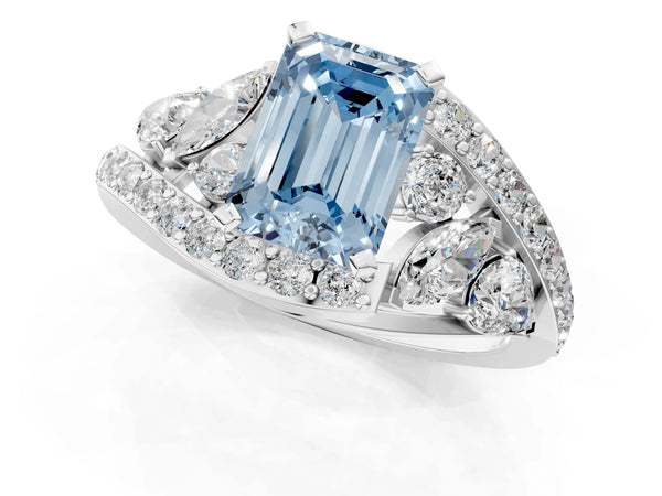 Platinum Fancy Blue Emerald  Diamond Halo Ring with Marquise and Pavé Band in Prong Setting