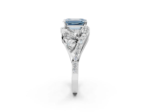 Platinum Fancy Blue Emerald  Diamond Halo Ring with Marquise and Pavé Band in Prong Setting