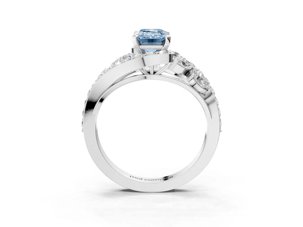 Platinum Fancy Blue Emerald  Diamond Halo Ring with Marquise and Pavé Band in Prong Setting