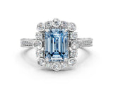 Platinum Fancy Blue Emerald  Halo Milgrain Pave Diamond Ring with Four-Prong Setting 1
