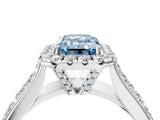 Platinum Fancy Blue Emerald  Halo Round Diamond Pave Band with Prong Setting 5