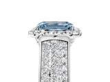 Platinum Fancy Blue Emerald  Halo Round Diamond Pave Band with Prong Setting