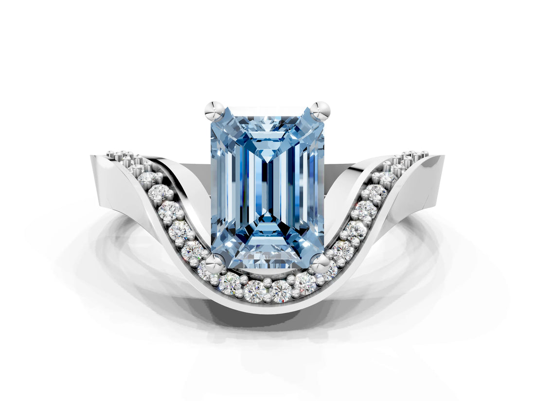 Platinum Fancy Blue Emerald  Solitaire Diamond Engagement Ring with Pave Band and Four-Prong Setting 1