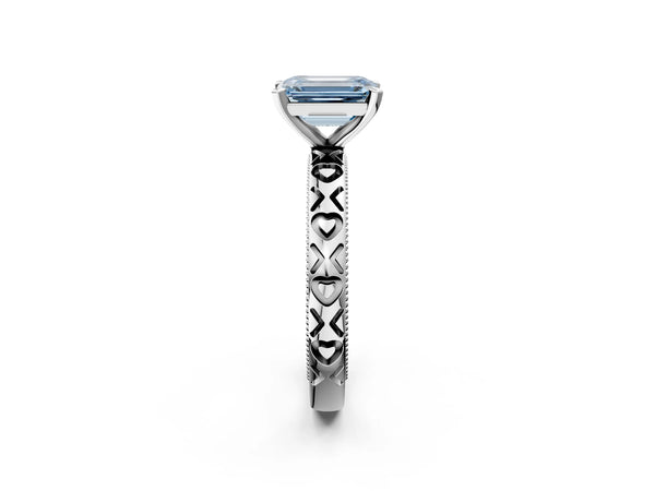 Platinum Fancy Blue Emerald  Solitaire Diamond Engagement Ring with XO Engraved Band and Four-Prong Setting