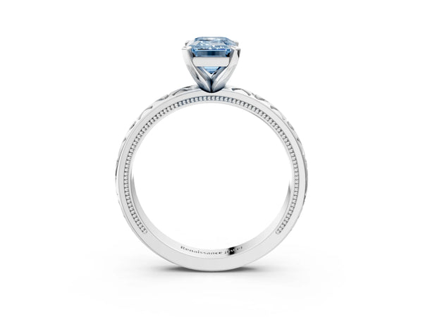 Platinum Fancy Blue Emerald  Solitaire Diamond Engagement Ring with XO Engraved Band and Four-Prong Setting