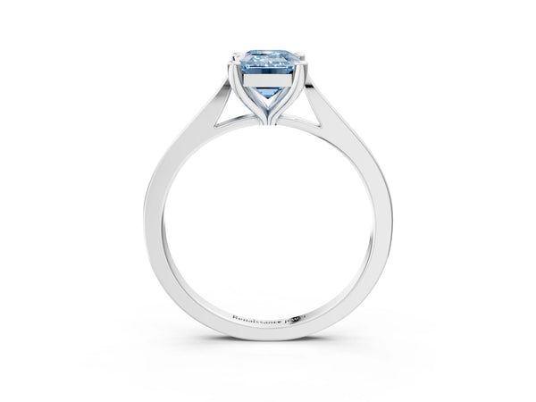 Platinum Fancy Blue Emerald  Solitaire Diamond Ring with Four-Prong Setting and Tapered Band