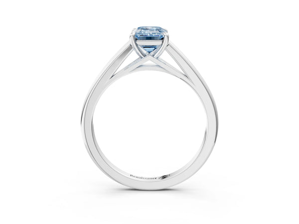 Platinum Fancy Blue Emerald  Solitaire Engagement Ring with Four-Prong Setting and Classic Band