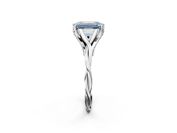 Platinum Fancy Blue Emerald  Solitaire Twist Band Six-Prong Setting