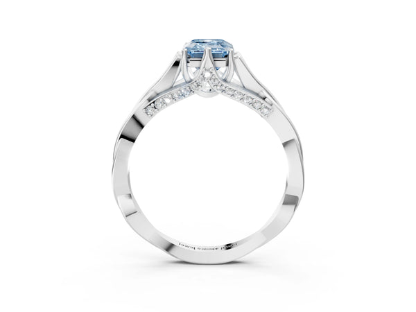 Platinum Fancy Blue Emerald  Solitaire Twist Band Six-Prong Setting
