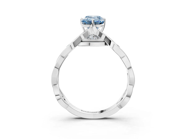 Platinum Fancy Blue Emerald  Solitaire Twist Band with Leaf Prong Setting