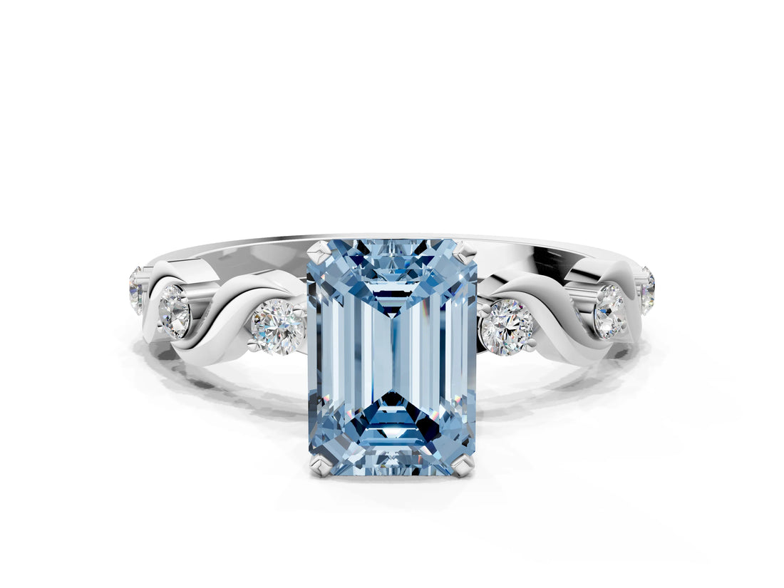 Platinum Fancy Blue Emerald  Solitaire Twisted Band with Prong Setting