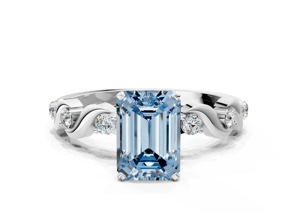 Platinum Fancy Blue Emerald  Solitaire Twisted Band with Prong Setting