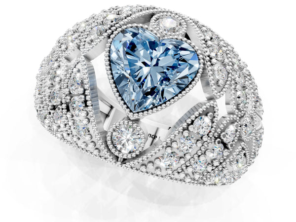 Platinum Fancy Blue Heart Cut Brilliant Halo Pave Diamond Milgrain Ring