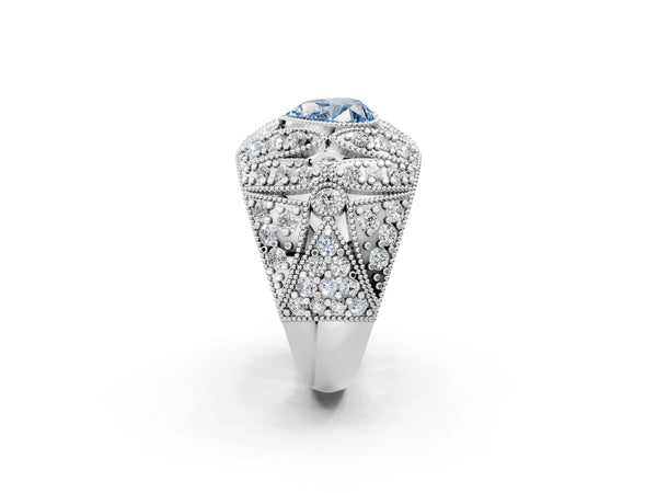 Platinum Fancy Blue Heart Cut Brilliant Halo Pave Diamond Milgrain Ring