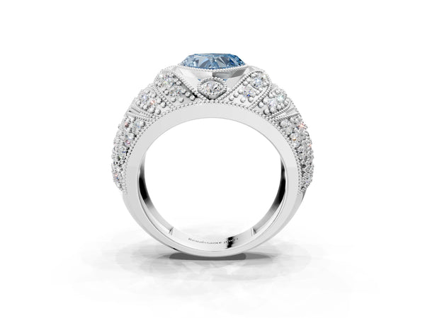 Platinum Fancy Blue Heart Cut Brilliant Halo Pave Diamond Milgrain Ring