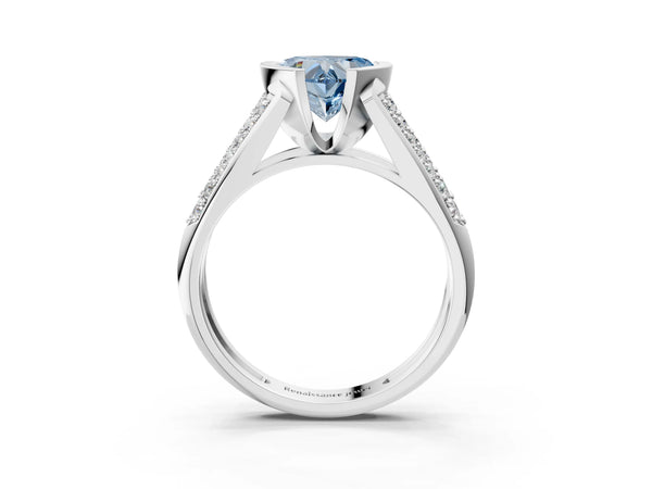 Platinum Fancy Blue Heart Cut Diamond Channel Set Pave Band with Tension Prong Setting