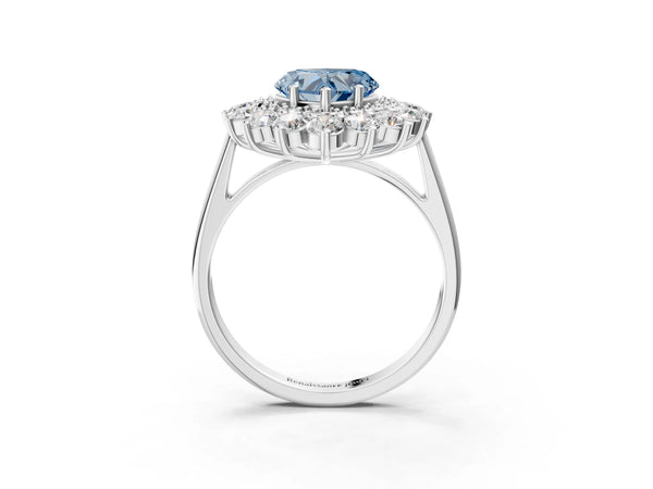 Platinum Heart-Shaped Floral Double Halo Engagement Ring Setting for Fancy Blue Center