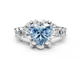 Platinum Fancy Blue Heart  Cut Diamond Floral Halo Engagement Ring with Shared Prong Setting