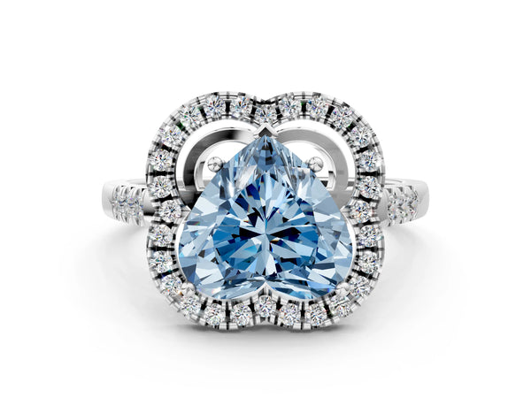 Platinum Fancy Blue Heart Cut Diamond Floral Halo Split Shank Prong Setting Ring