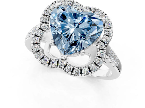 Platinum Fancy Blue Heart Cut Diamond Floral Halo Split Shank Prong Setting Ring