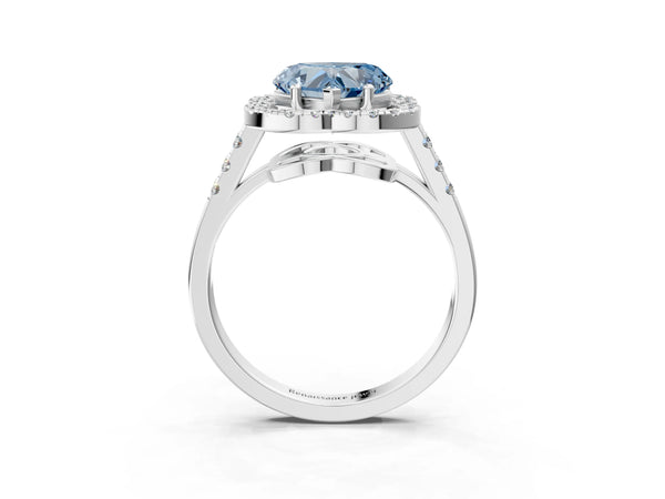 Platinum Fancy Blue Heart Cut Diamond Floral Halo Split Shank Prong Setting Ring