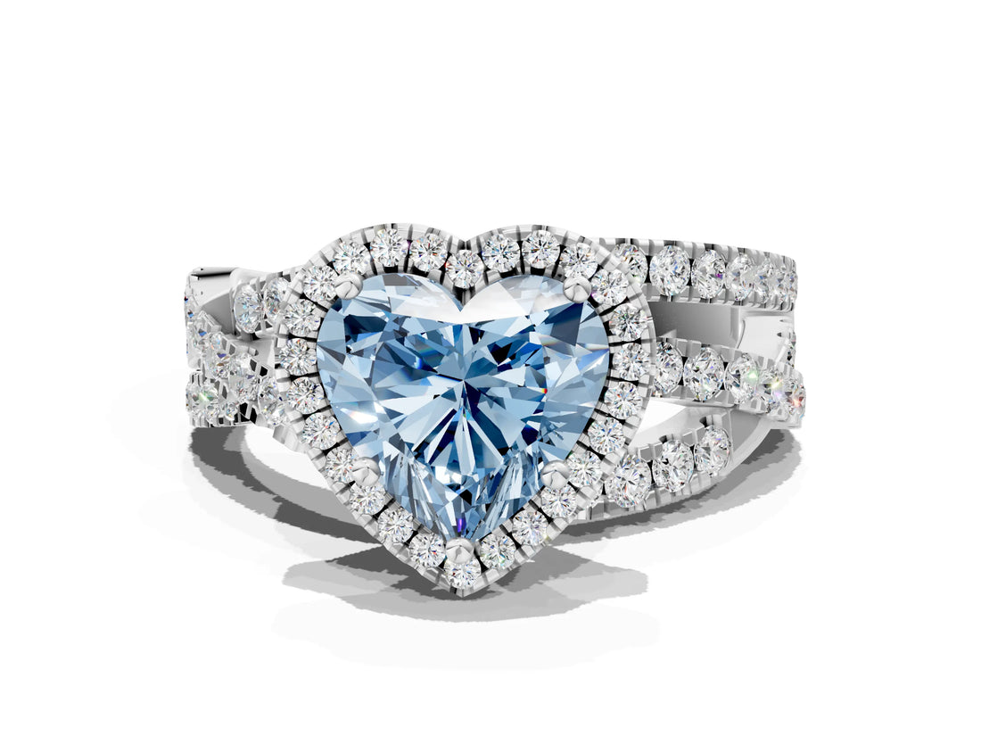 Platinum Fancy Blue Heart Cut Diamond Halo Ring with Round Split Shank and Prong Setting_12
