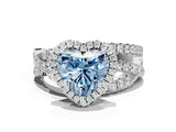 Platinum Fancy Blue Heart Cut Diamond Halo Ring with Round Split Shank and Prong Setting_12