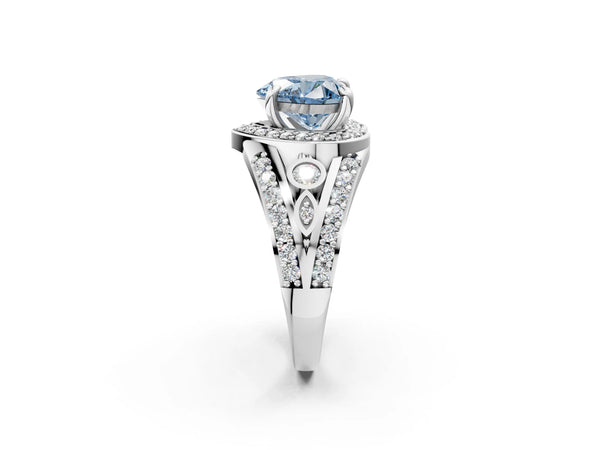 Platinum Fancy Blue Heart Cut Diamond Halo Ring with Split Shank and Bezel Accents and Four-Prong Setting