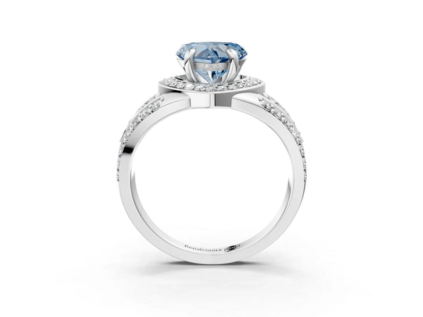 Platinum Fancy Blue Heart Cut Diamond Halo Ring with Split Shank and Bezel Accents and Four-Prong Setting