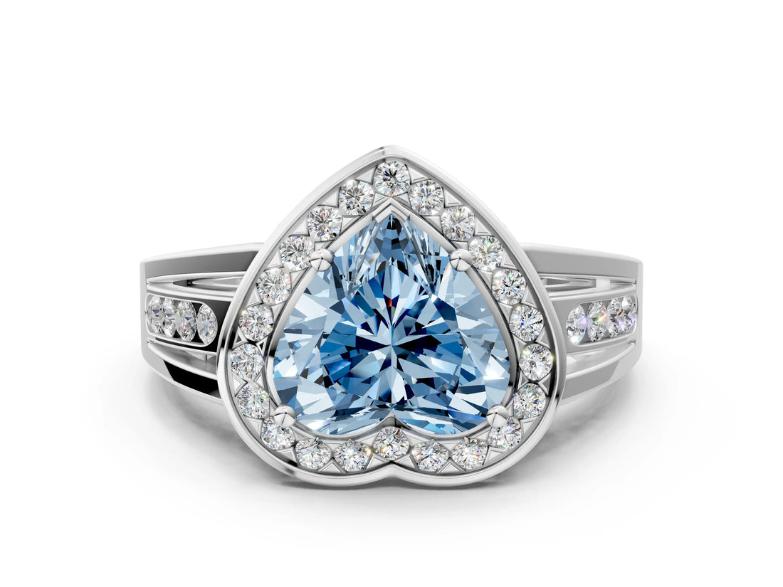 Platinum Fancy Blue Heart Cut Diamond Halo Ring with Split Shank and Bezel Accents and Prong Setting_12