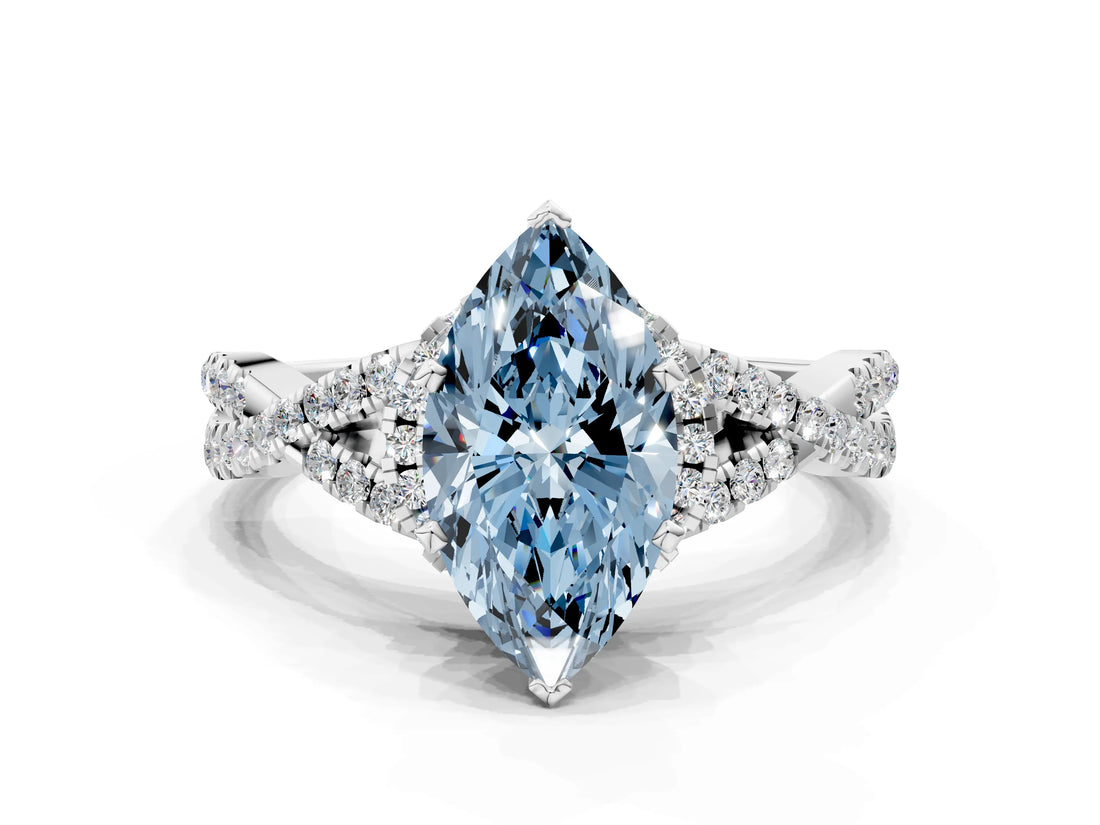 Platinum Fancy Blue Heart Cut Diamond  Halo Twist Band Solitaire Prong Setting Ring_12