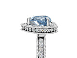 Platinum Fancy Blue Heart Cut Diamond Milgrain Halo Engagement Ring with Round Pavé Band and Prong Setting_30