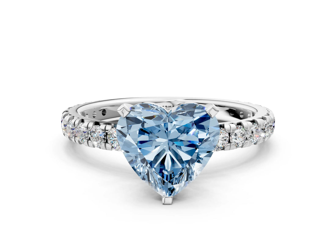 Platinum Fancy Blue Heart Cut Diamond Pavé Solitaire Ring with Round Band and Prong Setting
