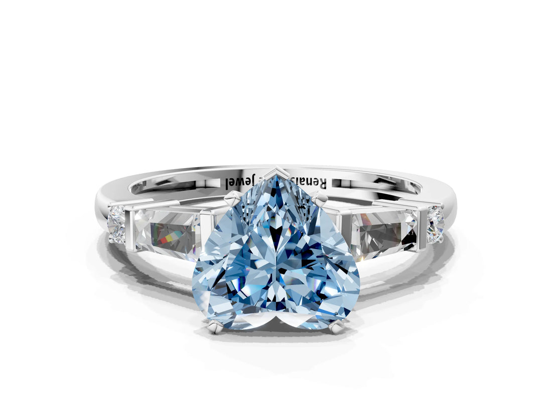 Platinum Fancy Blue Heart  Cut Diamond Ring with Baguette Side Stones, Channel Set Band, and Four-Prong Setting_24