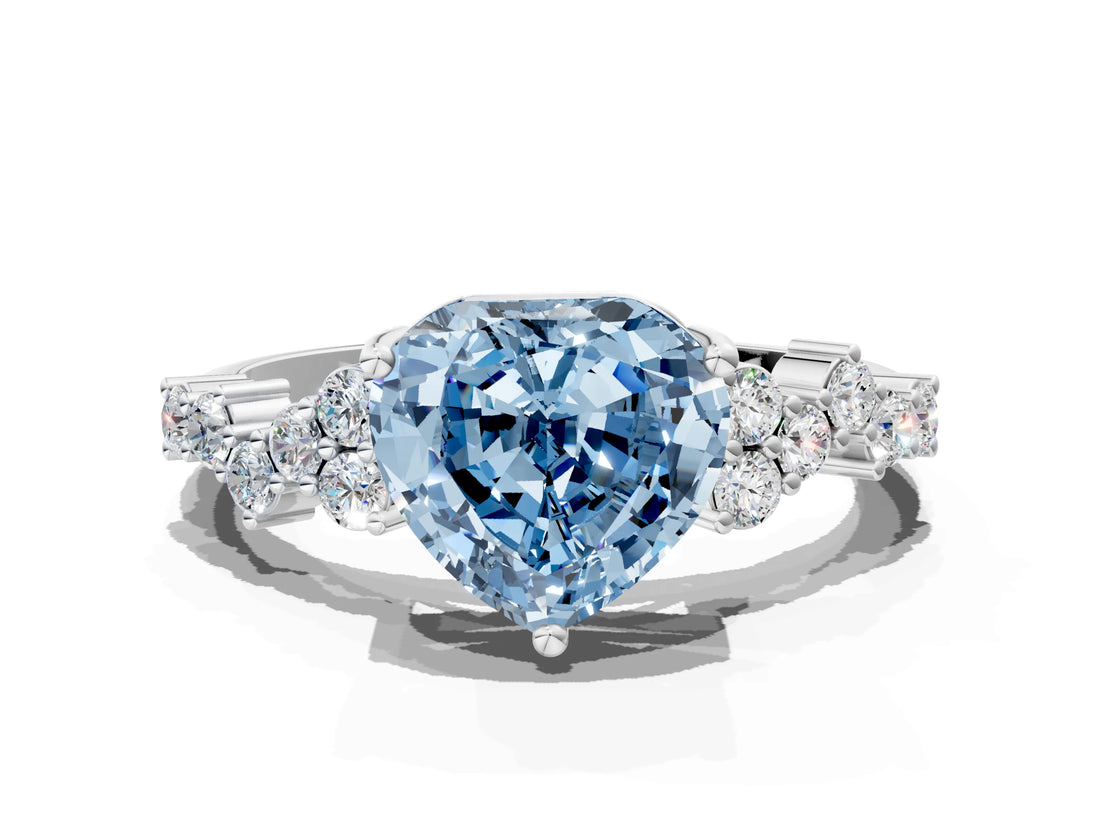 Platinum Fancy Blue Heart Cut Diamond Scattered Round Accent Ring with Prong Setting