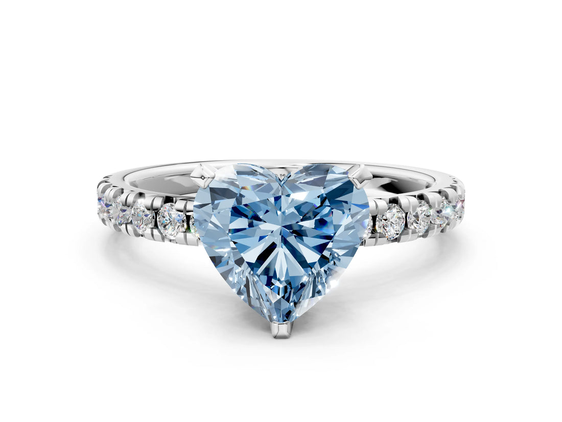 Platinum Fancy Blue Heart Cut Diamond Solitaire Pavé Engagement Ring with Round Band and Prong Setting_2